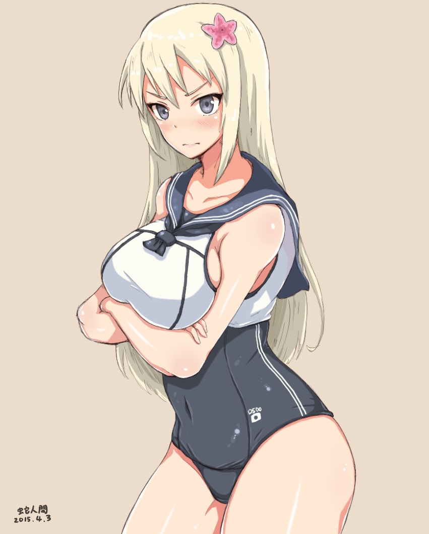 1girl alternate_costume bismarck_(kantai_collection) blonde_hair blue_eyes breasts crop_top flower hair_flower hair_ornament kaeru_otoko kantai_collection large_breasts long_hair looking_at_viewer ro-500_(kantai_collection) ro-500_(kantai_collection)_(cosplay) school_swimsuit solo swimsuit swimsuit_under_clothes