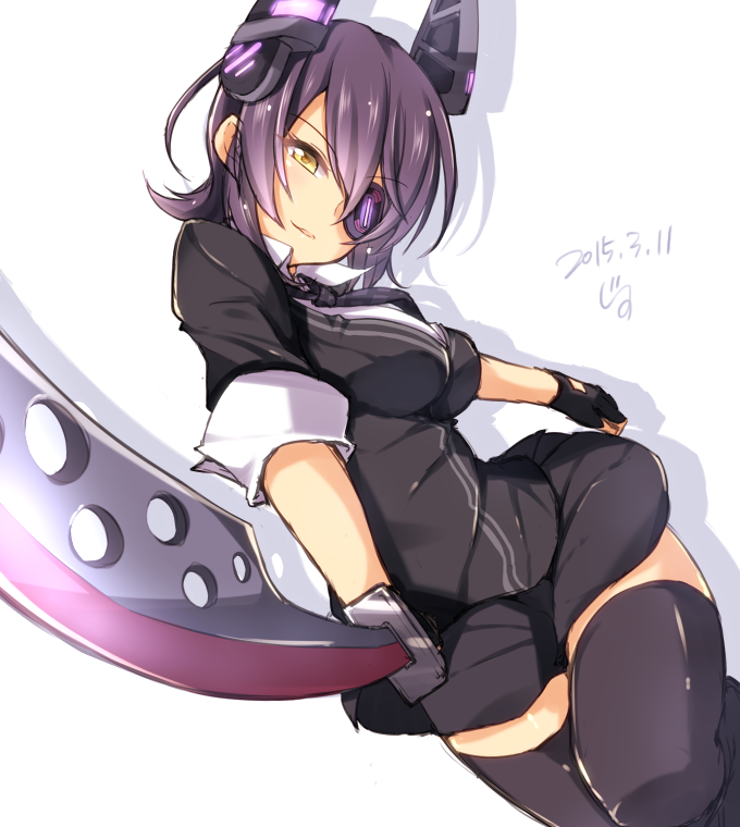 1girl black_gloves black_skirt cardigan checkered_necktie dated eyepatch fingerless_gloves gloves headgear jiino kantai_collection looking_at_viewer necktie one_leg_raised pleated_skirt purple_hair shadow short_hair simple_background skirt smile solo sword tenryuu_(kantai_collection) thigh-highs weapon white_background yellow_eyes