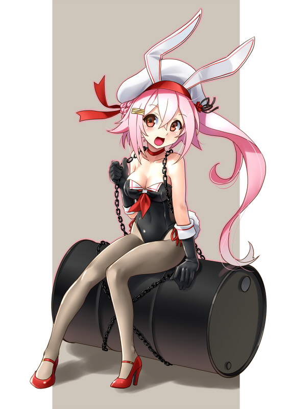 1girl adapted_costume animal_ears beret black_gloves breasts brown_legwear bunny_tail bunnysuit chair cleavage collar drum_(container) fake_animal_ears gloves hair_ornament harusame_(kantai_collection) hat high_heels kantai_collection katahira_masashi leotard long_hair open_mouth pantyhose pink_eyes pink_hair rabbit_ears red_eyes ribbon side_ponytail sitting smile solo tail