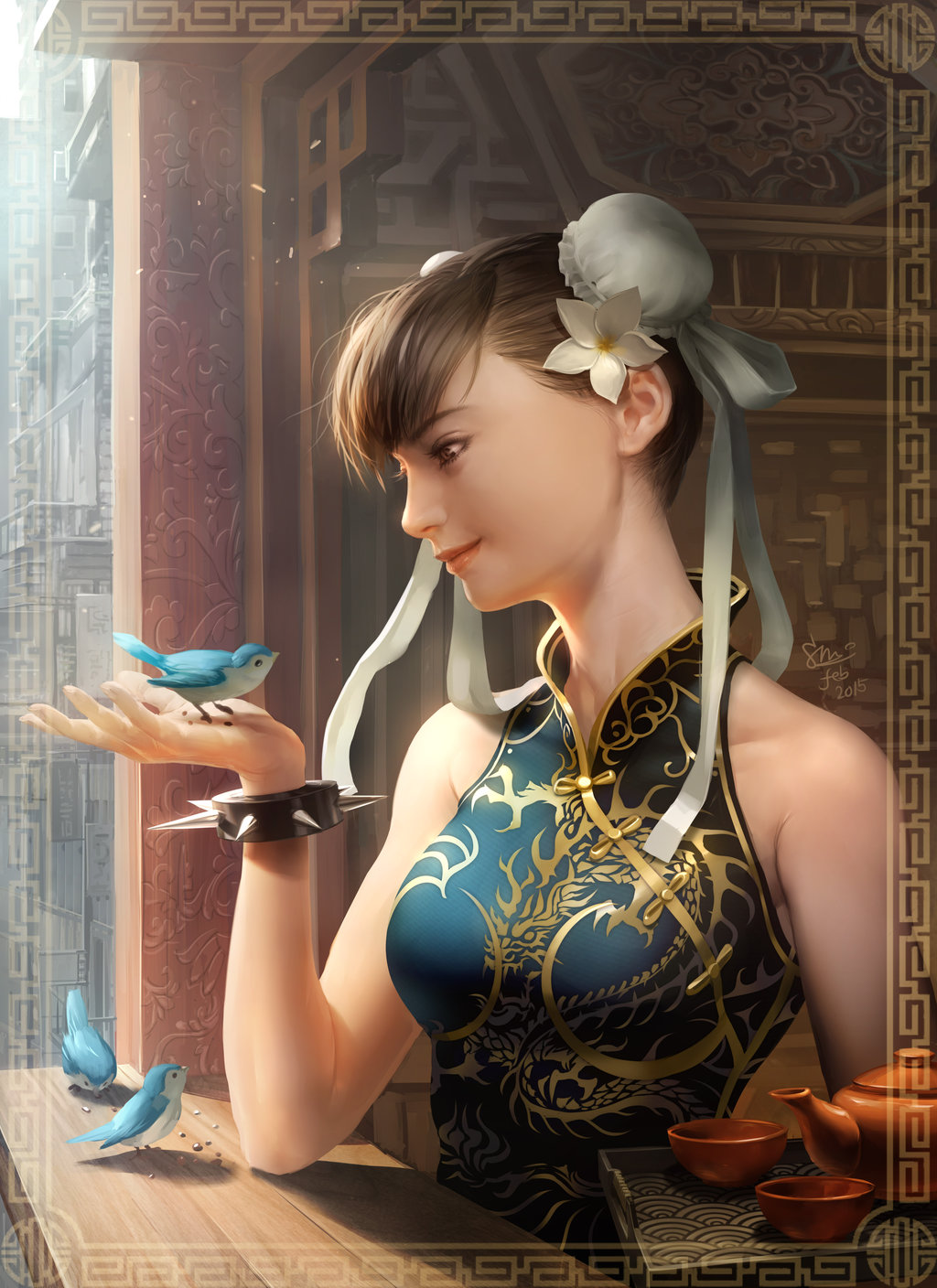 1girl alternate_costume bird bird_on_hand bracelet brown_hair bun_cover china_dress chinese_clothes chun-li cup double_bun dress flower hair_flower hair_ornament highres jewelry kokecit lips nose photorealistic seigaiha sleeveless sleeveless_dress smile solo spiked_bracelet spikes street_fighter teapot tray windowsill