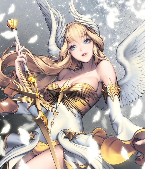 1girl alternate_costume blonde_hair blue_eyes breasts card_(medium) chaos_heroes_online cowboy_shot feathered_wings feathers head_wings long_hair looking_at_viewer love_cacao official_art parted_lips sheryl_(chaos_online) smile solo sword weapon white_wings wings