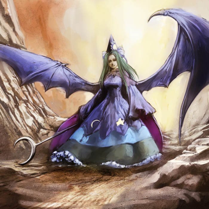 1girl cervus demon_wings dress frilled_dress frills green_hair hat long_hair mima smile staff touhou touhou_(pc-98) wide_sleeves wings wizard_hat