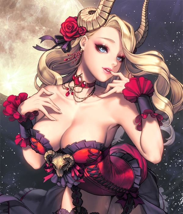 1girl alternate_costume arched_back bare_shoulders bent_over blonde_hair blue_eyes breasts card_(medium) chaos_heroes_online choker cleavage collarbone cowboy_shot demon_girl demon_horns earrings eyeshadow finger_to_mouth fishnets flower full_moon garter_straps garters hair_flower hair_ornament hair_ribbon horns jewelry large_breasts lips long_hair love_cacao lucifer_(chaos_online) makeup moon official_art parted_lips ribbon smile solo thigh-highs