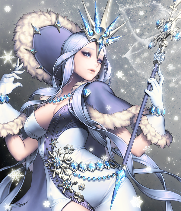 1girl alternate_costume blue_eyes breasts card_(medium) chaos_heroes_online gloves herjuna jewelry long_hair love_cacao necklace official_art purple_hair snowflakes solo staff very_long_hair