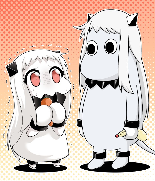 (o)_(o) 1girl carrot commentary covered_mouth dress horns kantai_collection long_hair mayonnaise mittens moomin moomintroll northern_ocean_hime northern_ocean_hime_(cosplay) red_eyes shinkaisei-kan trembling white_dress white_hair yamato_nadeshiko