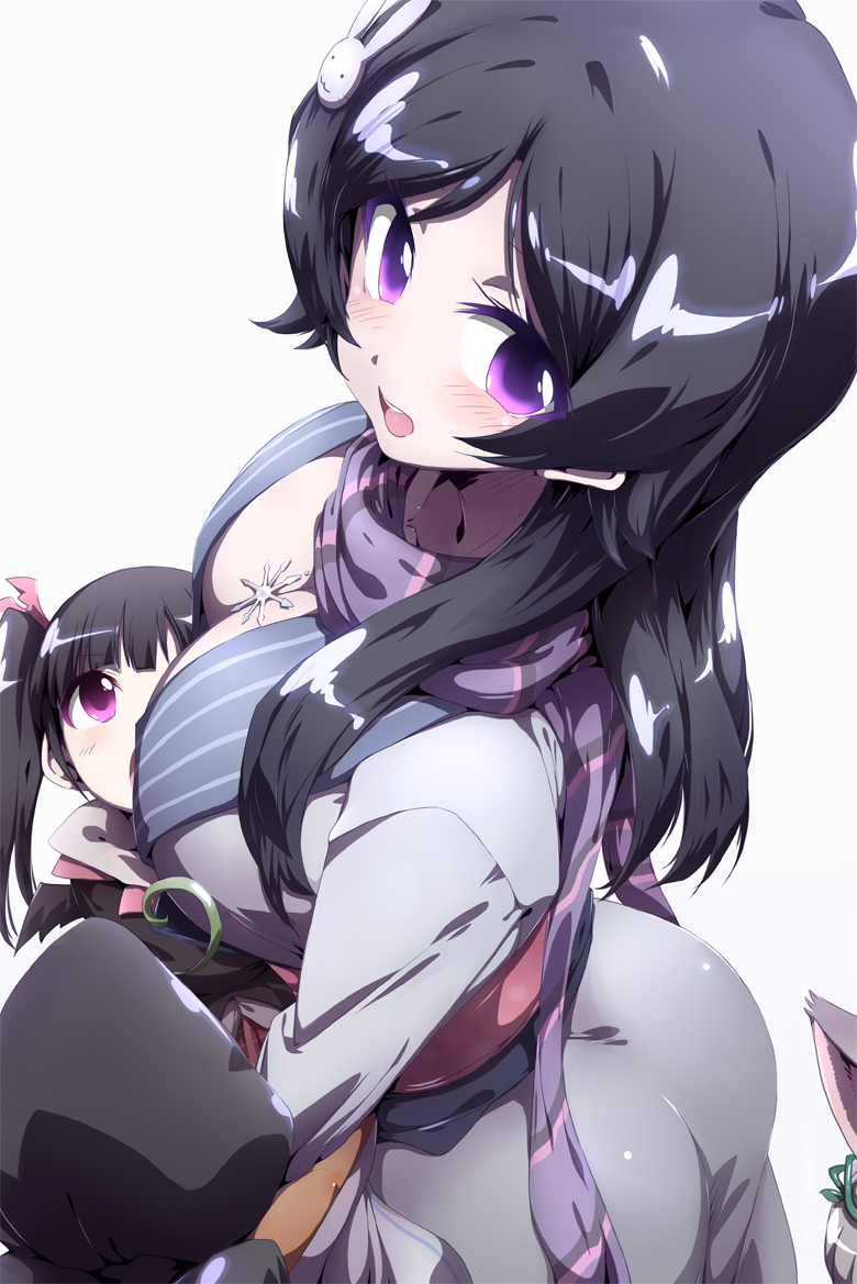 2girls black_hair blush breasts canaan_(fantasista_doll) cleavage emi_(fantasista_doll) fantasista_doll hair_ornament kono_si long_hair looking_at_viewer multiple_girls open_mouth scarf solo_focus tokyo_(great_akuta) violet_eyes