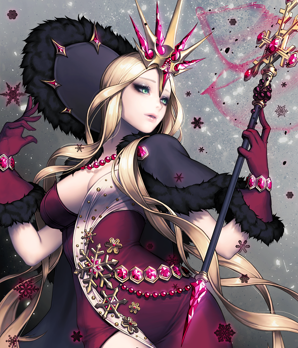 1girl alternate_costume blonde_hair breasts card_(medium) chaos_heroes_online gloves green_eyes herjuna jewelry long_hair love_cacao necklace official_art snowflakes solo staff very_long_hair