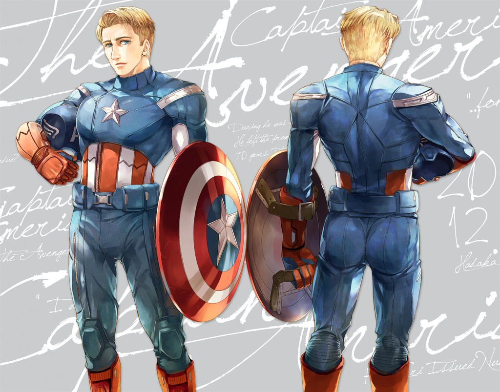 avengers blonde_hair blue_eyes captain_america character_sheet from_behind koto_eri marvel shield steve_rogers superhero