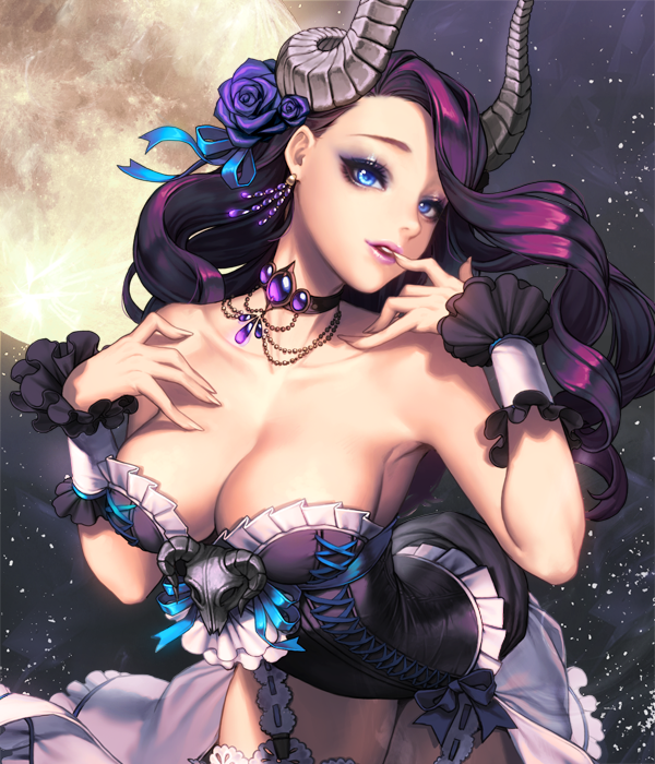 1girl alternate_costume arched_back bare_shoulders bent_over blue_eyes breasts card_(medium) chaos_heroes_online choker cleavage collarbone cowboy_shot demon_girl demon_horns earrings eyeshadow finger_to_mouth fishnets flower full_moon garter_straps garters hair_flower hair_ornament hair_ribbon horns jewelry large_breasts lips long_hair love_cacao lucifer_(chaos_online) makeup moon official_art parted_lips purple_hair ribbon smile solo thigh-highs