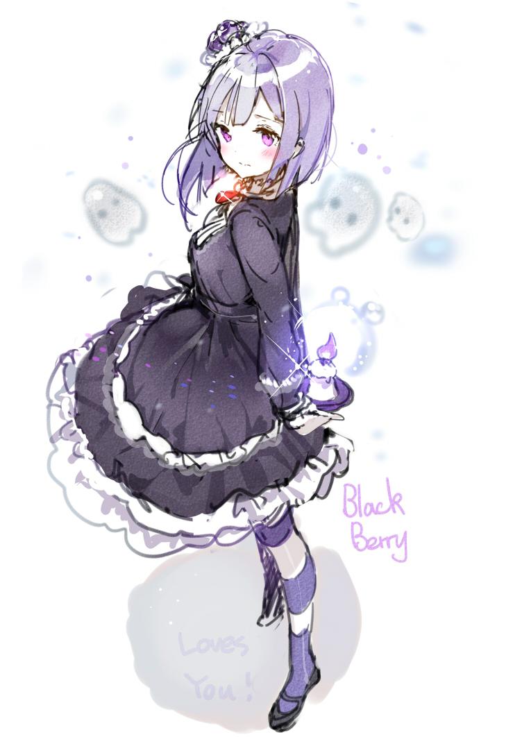 1girl anmi arms_behind_back bangs black_dress blackberry_cookie blush brooch candle cookie_run crown dress frills jewelry lolita_fashion long_sleeves mini_crown purple_hair short_hair solo striped striped_legwear violet_eyes