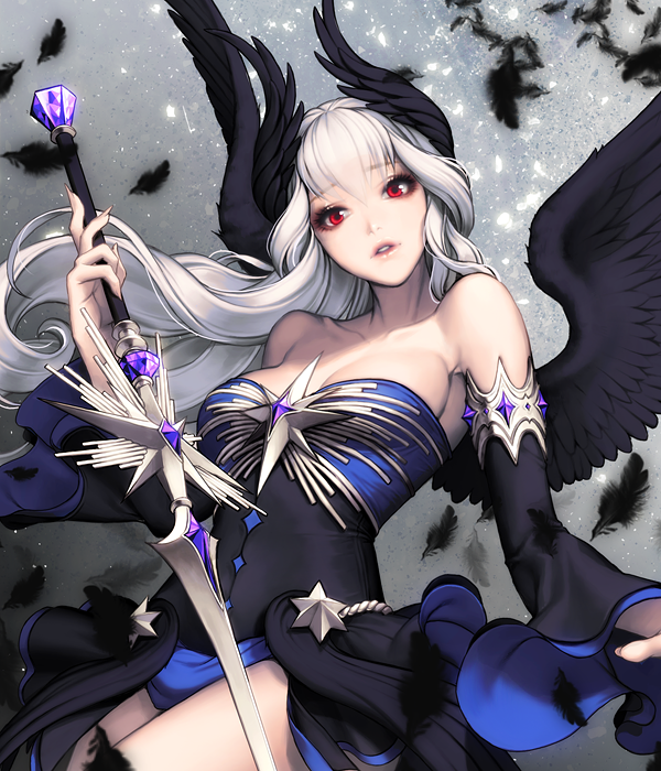 1girl alternate_costume black_wings breasts card_(medium) chaos_heroes_online cowboy_shot feathered_wings feathers head_wings long_hair looking_at_viewer love_cacao official_art parted_lips red_eyes sheryl_(chaos_online) smile solo sword weapon white_hair wings