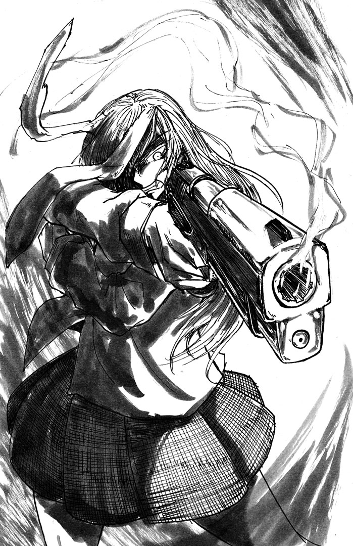 1girl aiming animal_ears clenched_teeth constricted_pupils ear_over_one_eye ears_down foreshortening frown gun hair_over_one_eye koyubi_(littlefinger1988) long_hair long_sleeves monochrome parody rabbit_ears reisen_udongein_inaba shirt sketch skirt smoke smoking_gun solo style_parody teeth touhou untucked_shirt very_long_hair weapon