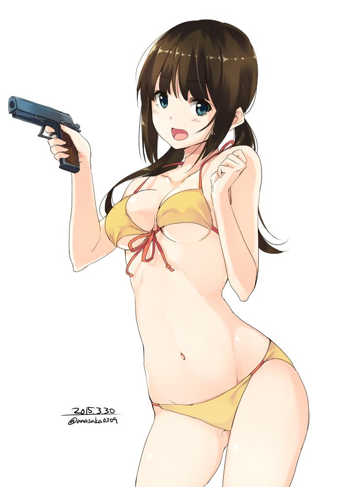 1girl bikini blue_eyes breasts brown_hair cleavage cocked_hammer contrapposto cowboy_shot dated front-tie_top gun handgun leaning_forward long_hair low_twintails navel open_mouth pistol simple_background solo swimsuit twintails twitter_username unasaka_ryou weapon white_background yellow_bikini