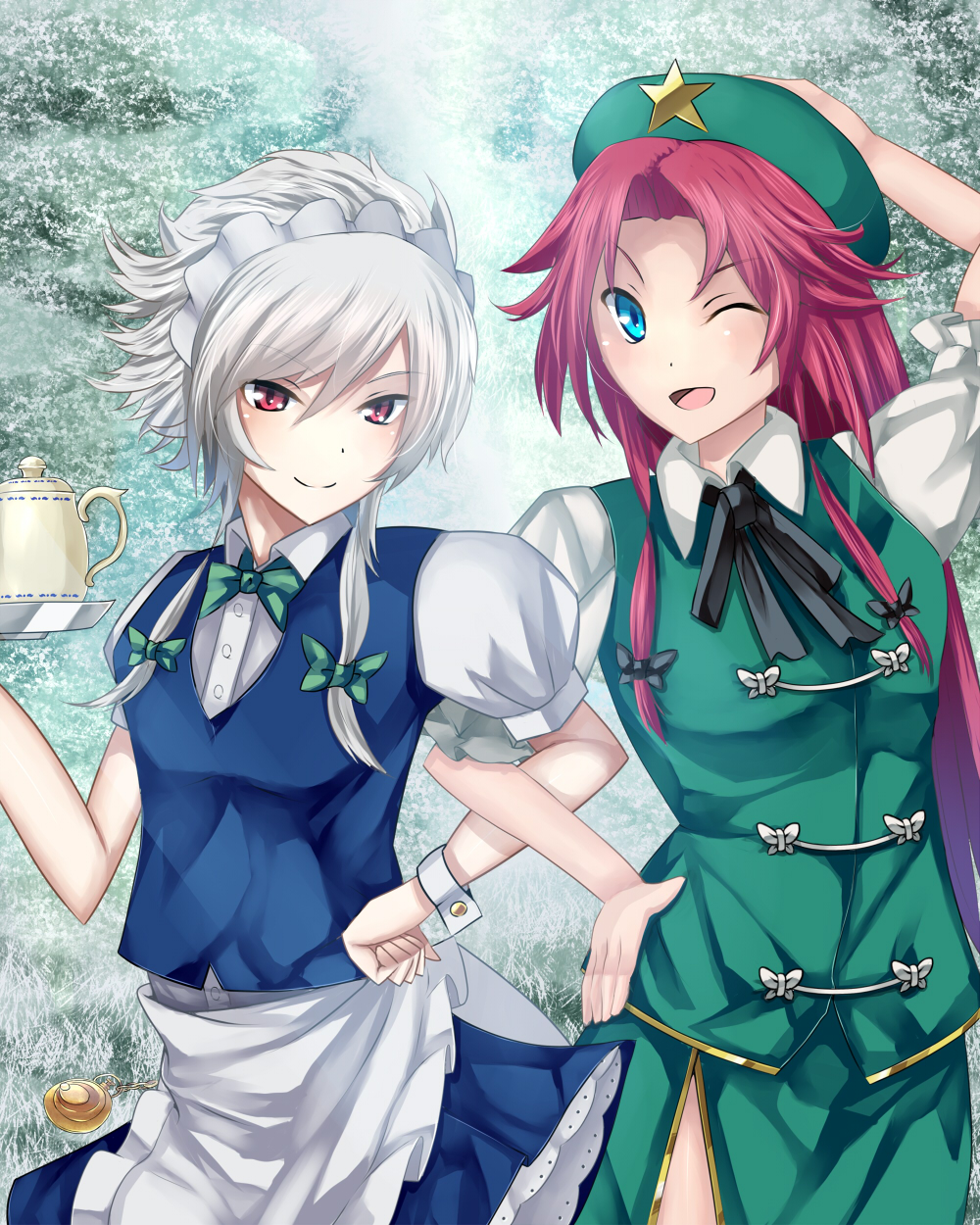 2girls alternate_hairstyle apron bangs blue_dress blue_eyes chinese_clothes dress hair_flaps hair_ribbon hands_on_hips highres hong_meiling izayoi_sakuya looking_at_viewer maid maid_headdress multiple_girls one_eye_closed parted_bangs pocket_watch puffy_short_sleeves puffy_sleeves red_eyes redhead ribbon short_hair short_sleeves side_slit silver_hair star tangzhuang teapot touhou tress_ribbon waist_apron watch wrist_cuffs ya-ya