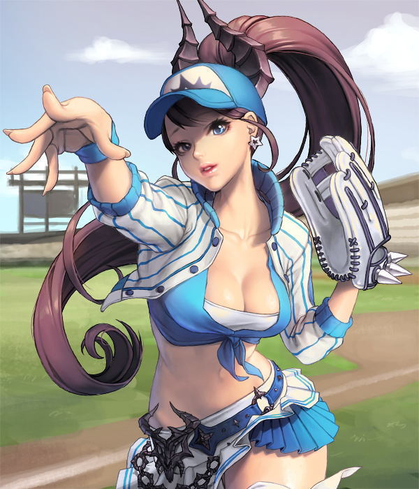 1girl alternate_costume baseball_cap baseball_mitt baseball_stadium blue_eyes breasts brown_hair card_(medium) chaos_heroes_online cleavage clouds collarbone cowboy_shot demon_horns earrings fingernails front-tie_top hat horns jacket jewelry long_fingernails long_hair love_cacao midriff navel official_art open_clothes open_jacket outdoors parted_lips pleated_skirt ponytail serena_(chaos_online) skirt sky solo throwing tied_shirt