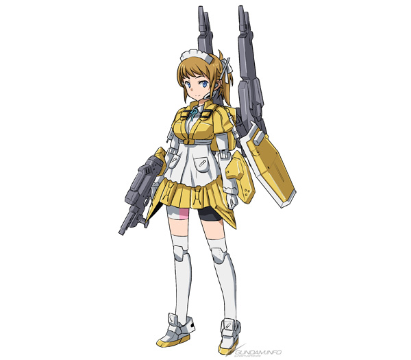 1girl bike_shorts blue_eyes full_body gun gundam gundam_build_fighters gundam_build_fighters_try hoshino_fumina light_brown_hair long_hair maid_headdress mecha_musume ponytail robot_joints shield shimada_fumikane simple_background solo super_fumina weapon white_background