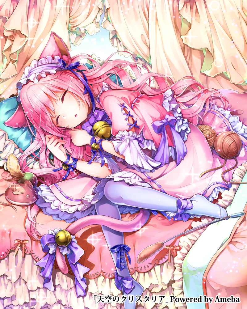 1girl animal_ears ball bed bell bell_collar bonnet canopy_bed cat_ears cat_tail cat_teaser collar dress long_hair lying official_art on_side original pillow pink_dress pink_hair puffy_short_sleeves puffy_sleeves short_sleeves sleeping solo stuffed_animal stuffed_mouse stuffed_toy tail tail_bell tail_bow tenkuu_no_crystalia toy very_long_hair wavy_hair wool wrist_ribbon yukinokoe