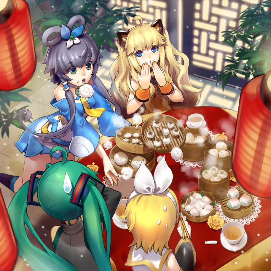 4girls chinese_food chinese_lantern chopsticks dumpling eating food food_in_mouth hatsune_miku jiaozi kagamine_rin luo_tianyi multiple_girls nikuman plant seeu sweatdrop tea vocaloid yukiusagi1983