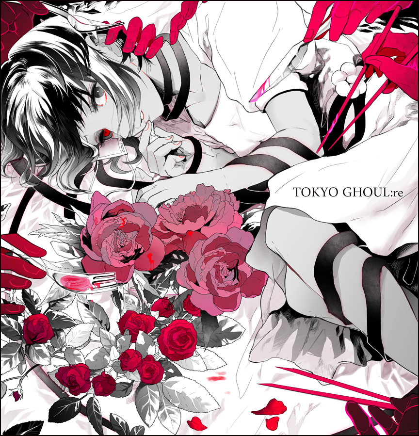 blood chopsticks copyright_name eyepatch eyepatch_removed finger_to_mouth flower fork hand_on_another's_head hand_on_another's_shoulder hands heterochromia looking_at_viewer mutsuki_tooru noppo pink_rose red_eyes red_rose rose scalpel solo tokyo_ghoul tokyo_ghoul:re