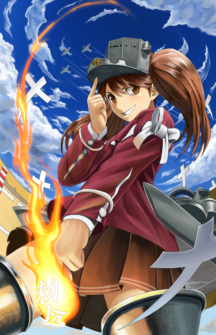 &gt;:d 1girl :d abazu-red airplane blue_sky brown_eyes brown_hair clouds cloudy_sky grin highres japanese_clothes kantai_collection kariginu long_hair looking_at_viewer machinery magatama open_mouth pleated_skirt ryuujou_(kantai_collection) skirt sky smile solo twintails