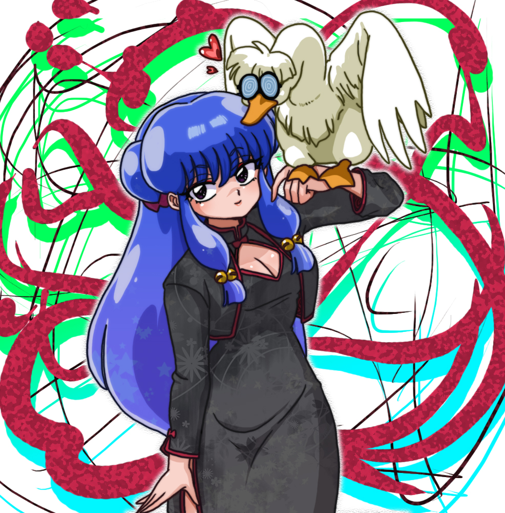 1girl bird bird_on_hand china_dress chinese_clothes duck glasses hair_ornament long_hair mousse mousse_(duck) official_style purple_hair ranma_1/2 shampoo_(ranma_1/2) tagme violet_eyes wantan-orz