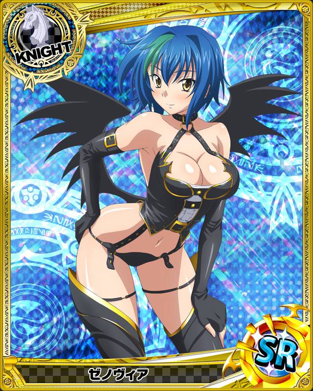 1girl artist_request blue_hair blush breasts character_name chess_piece cleavage demon_wings elbow_gloves gloves hand_on_hip hand_on_thigh high_school_dxd knight_(chess) light_smile looking_at_viewer midriff multicolored_hair navel official_art shiny shiny_skin solo streaked_hair trading_cards two-tone_hair wings xenovia_(high_school_dxd) yellow_eyes