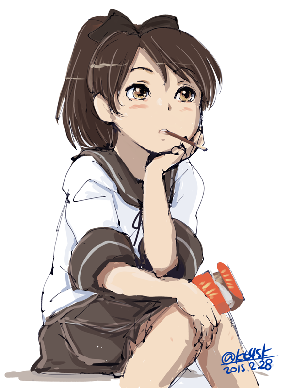 1girl 4suke brown_hair brown_skirt dated food_in_mouth hand_on_own_face kantai_collection pleated_skirt pocky school_uniform serafuku shikinami_(kantai_collection) short_hair short_ponytail short_sleeves sitting skirt solo twitter_username yellow_eyes