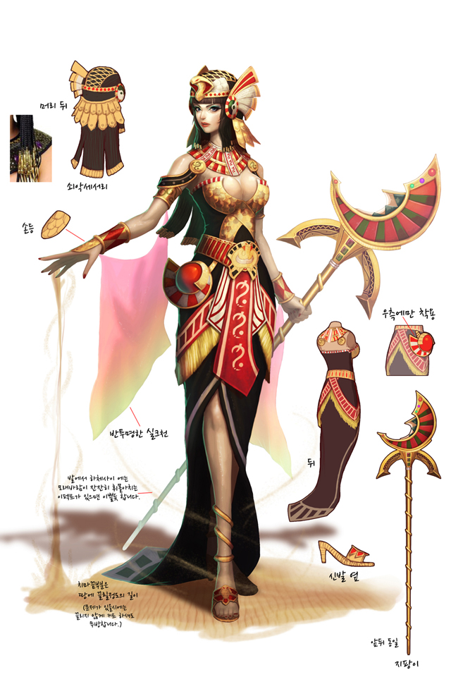 1girl black_hair breasts chaos_heroes_online egyptian jewelry korean long_hair sandals solo translation_request