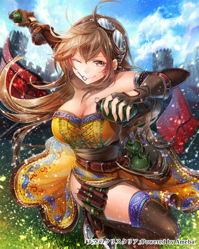 1girl ;) bare_shoulders barrel belt black_gloves black_legwear blue_sky breasts brown_eyes buckle castle cleavage clouds company_name copyright_name detached_sleeves dress dynamite elbow_gloves explosive fingerless_gloves gloves goggles goggles_on_head grenade grenade_pin holster large_breasts light_particles long_hair looking_at_viewer mouth_hold official_art one_eye_closed original outdoors sash side_slit sky smile solo squatting strapless_dress tenkuu_no_crystalia thigh-highs thigh_holster very_long_hair watermark yellow_dress yukinokoe