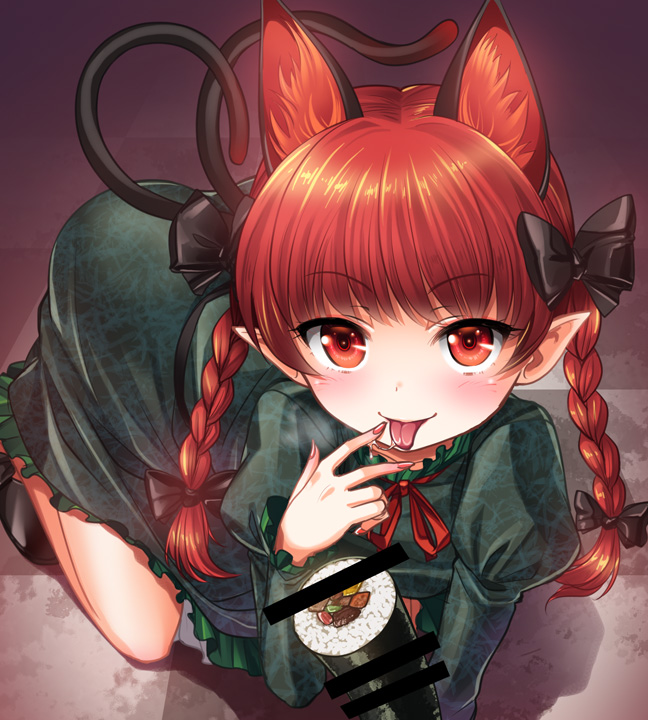1girl all_fours animal_ears bow braid cat_ears cat_tail censored dress extra_ears finger_licking food green_dress hair_bow juliet_sleeves kaenbyou_rin kei_kei licking long_sleeves makizushi multiple_tails nekomata pointless_censoring pointy_ears puffy_sleeves redhead sexually_suggestive solo sushi tail tongue tongue_out touhou twin_braids