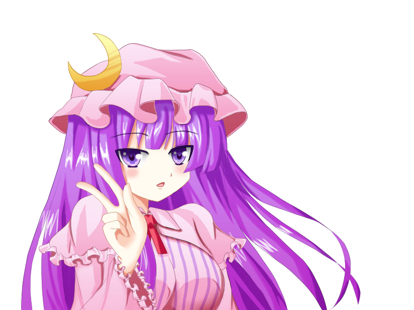 1girl commentary_request crescent dress frilled_dress frilled_sleeves frills fujimoto_yuu hat long_hair long_sleeves looking_at_viewer mob_cap open_mouth patchouli_knowledge pink_dress pink_hat purple_hair red_ribbon ribbon solo striped striped_dress touhou upper_body v violet_eyes white_background