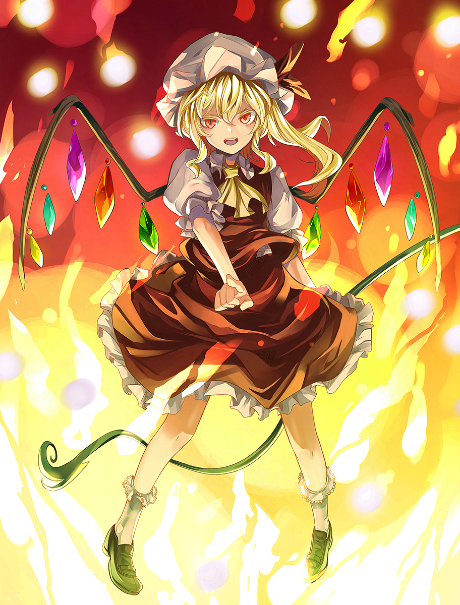 1girl ascot blonde_hair eredhen fire flandre_scarlet hat hat_ribbon highres laevatein mob_cap open_mouth pointing pointing_at_viewer puffy_short_sleeves puffy_sleeves red_eyes revision ribbon shirt short_sleeves side_ponytail skirt skirt_set solo touhou vest wings
