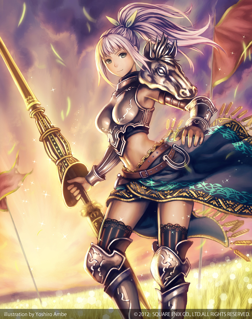 1girl 2012 anbe_yoshirou armor armored_boots artist_name banner belt gauntlets grey_eyes guardian_cross horseshoe lavender_hair light_smile looking_at_viewer midriff official_art original polearm ponytail sparkle spear square_enix sunset thigh-highs weapon wheat_field wind