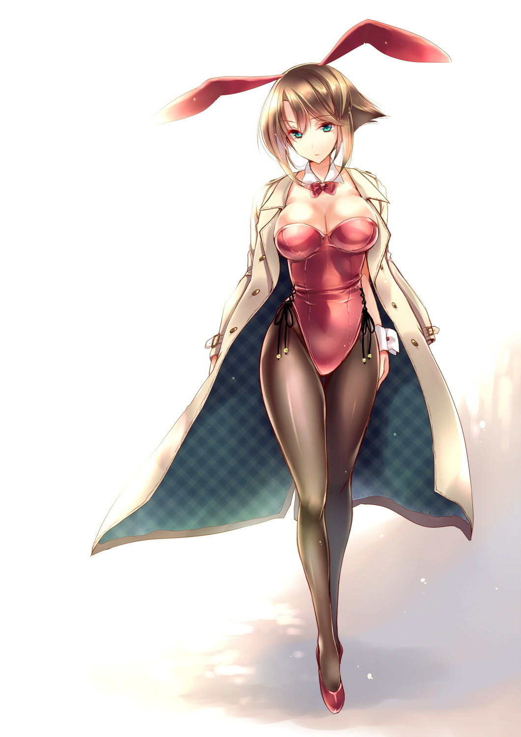 1girl alternate_costume amane_ruri animal_ears black_legwear bowtie breasts bunnysuit cleavage coat detached_collar green_eyes highres jacket_on_shoulders kantai_collection large_breasts looking_at_viewer mutsu_(kantai_collection) pantyhose rabbit_ears revision short_hair solo wrist_cuffs