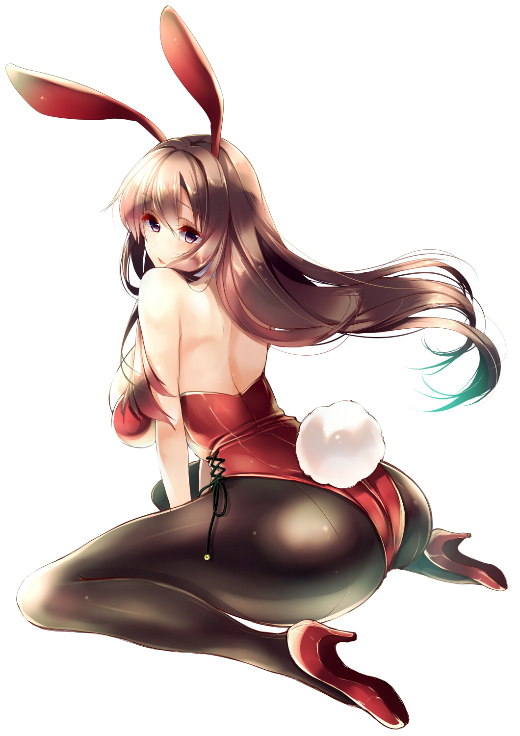 1girl amane_ruri animal_ears ass back bare_arms bare_back bare_shoulders black_legwear brown_eyes brown_hair bunny_girl bunnysuit floating_hair full_body high_heels highres legs long_hair looking_at_viewer original pantyhose rabbit rabbit_ears revision sitting solo wariza