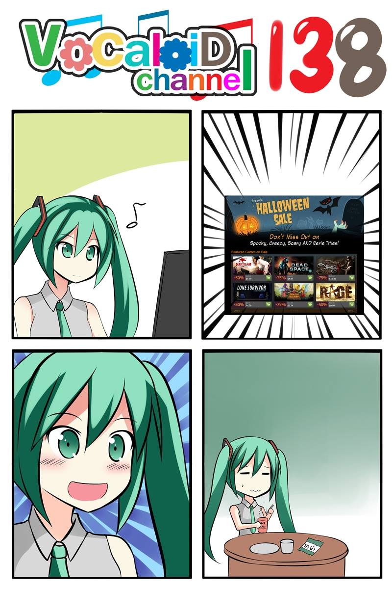 1girl 4koma :d aqua_eyes aqua_hair bangs catstudioinc_(punepuni) collared_shirt comic commentary_request computer_screen drinking_glass emphasis_lines hatsune_miku highres left-to-right_manga musical_note necktie open_mouth plate smile solo steam_(platform) table thai translation_request twintails vocaloid wrapper