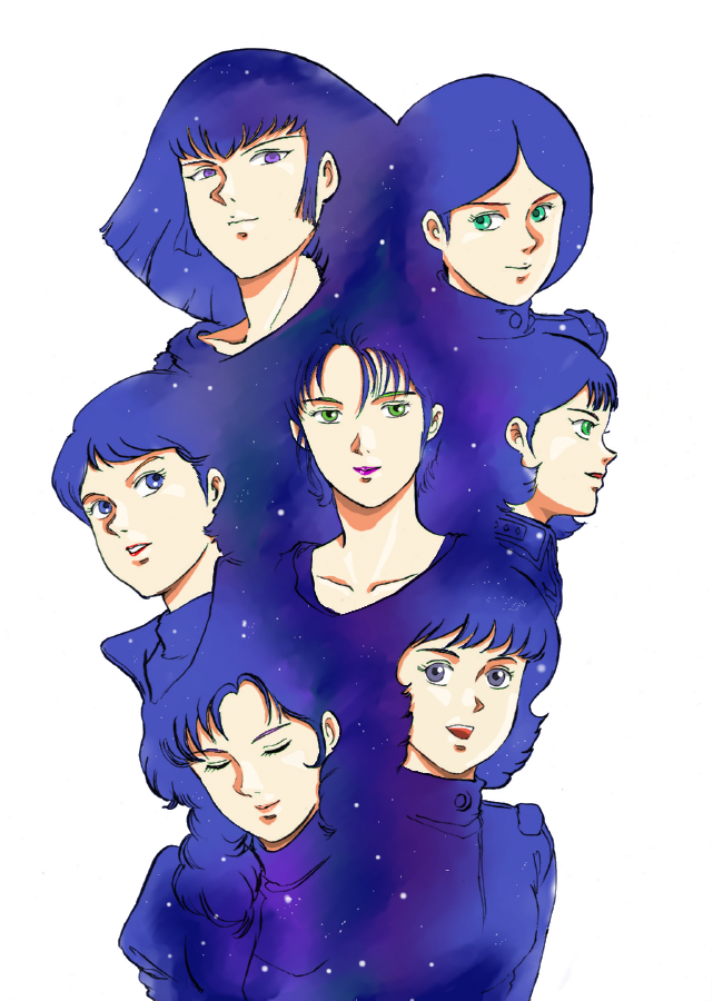 big_hair breasts character_request closed_mouth emma_sheen fa_yuiry green_eyes gundam haman_karn lipstick long_hair looking_at_viewer makeup medium_hair mobile_suit_gundam multiple_girls oldschool rx92 short_hair simple_background smile violet_eyes white_background zeta_gundam