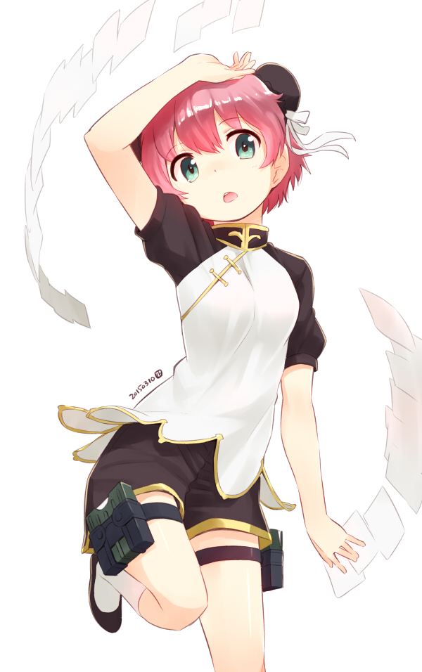 1girl anita_king bun_cover chinese_clothes dated green_eyes hair_ribbon holster kneehighs nagian open_mouth paper pink_hair r.o.d_the_tv ribbon shoes short_hair shorts simple_background solo thigh_holster thigh_strap white_background white_legwear