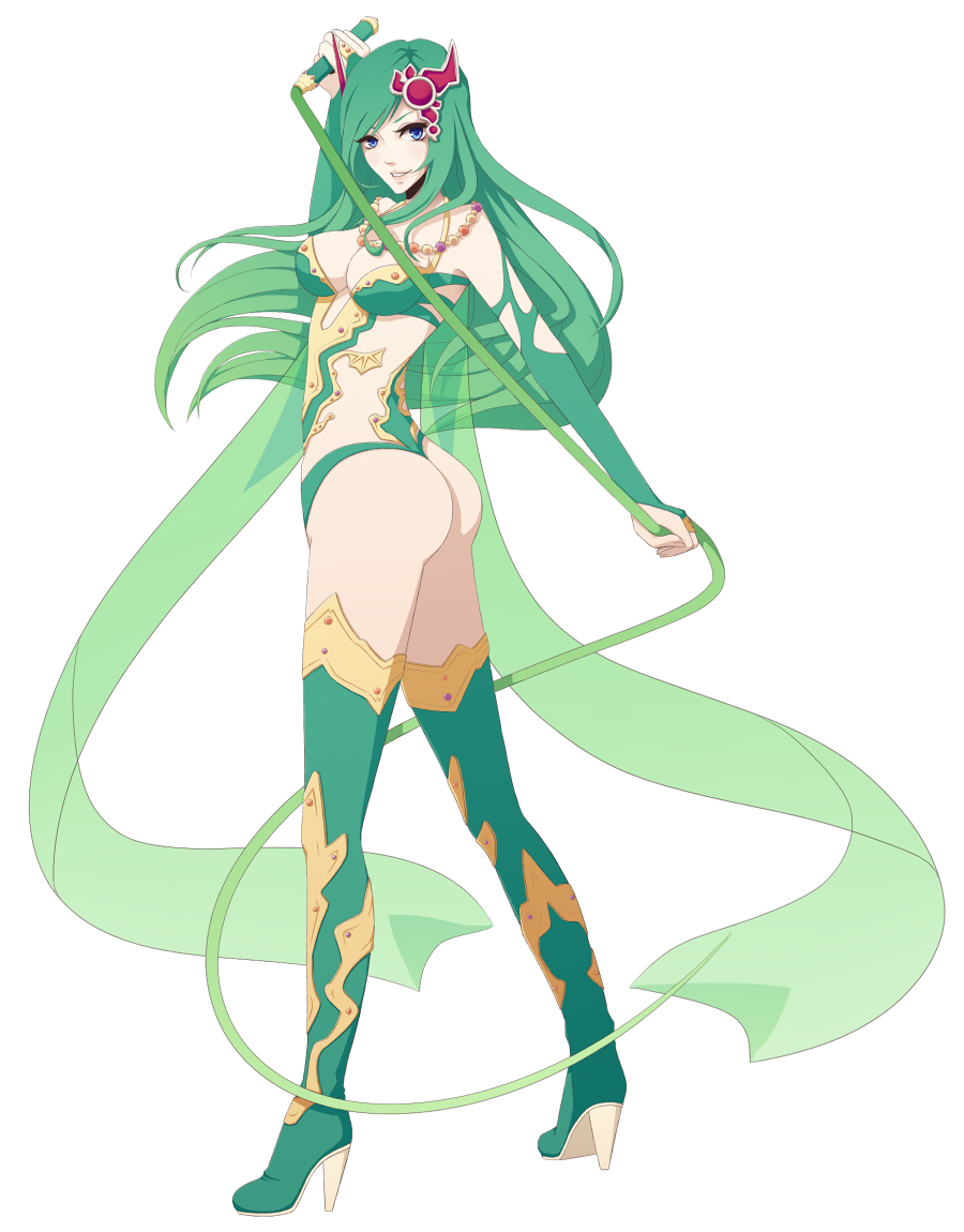 1girl ass blue_eyes boots breasts cleavage final_fantasy final_fantasy_iv final_fantasy_iv_the_after green_hair green_legwear hair_ornament high_heel_boots high_heels jewelry legs leotard long_hair long_legs looking_at_viewer looking_back rydia simple_background smile solo thigh-highs thigh_boots thighs thong_leotard transparent_background whip zaaeestar