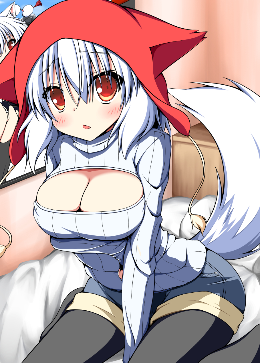 1girl animal_ears blush breasts cleavage_cutout hat highres inubashiri_momiji large_breasts mizuki_(kogetsu-tei) open-chest_sweater open_mouth red_eyes ribbed_sweater short_hair solo sweater tail touhou turtleneck white_hair wolf_ears wolf_tail