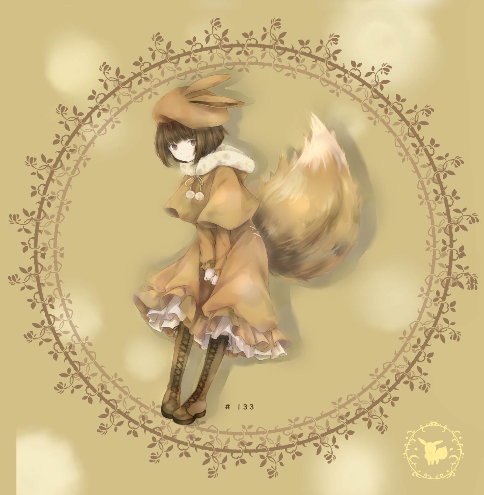 1girl boots brown_boots brown_clothes brown_eyes brown_hair eevee fur_collar fur_trim hat highres mio personification pokemon pokemon_(game) shadow short_hair tail