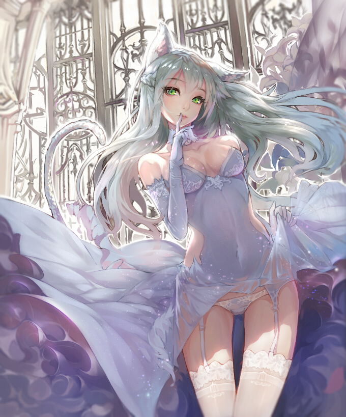 1girl animal_ears bare_shoulders braid breasts cat_ears cat_tail choker dress dress_lift elbow_gloves finger_to_mouth flower garter_belt gloves green_eyes kokage_no_shita lily_(flower) original panties revision silver_hair solo tail thigh-highs underwear wedding_dress