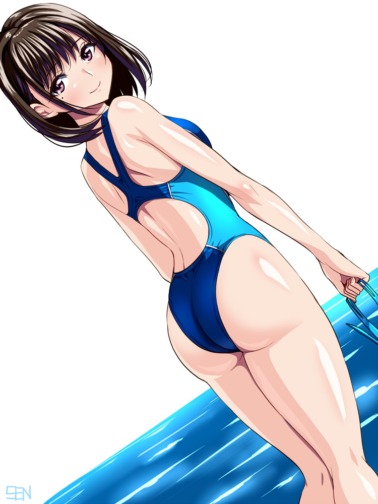1girl anegasaki_nene anzu_(onelelee) ass brown_eyes brown_hair competition_swimsuit from_behind looking_back love_plus one-piece_swimsuit short_hair swimsuit