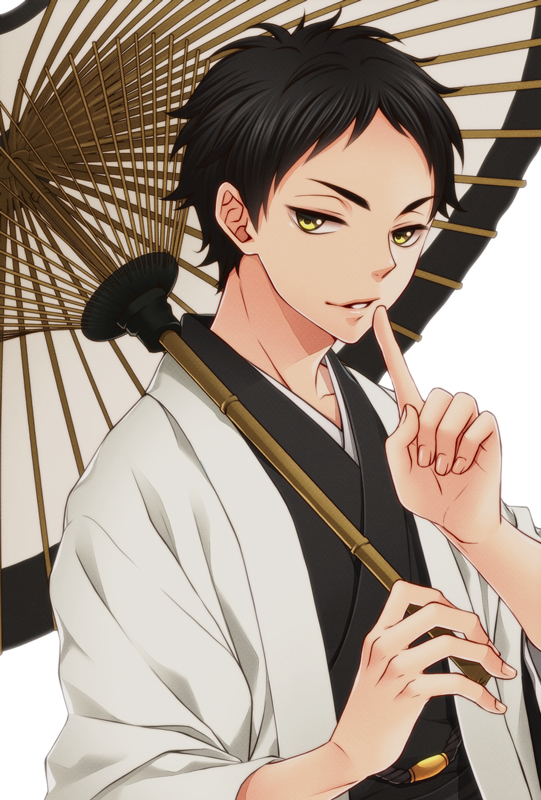 1boy akaashi_keiji amber_eyes black_hair finger_to_mouth haikyuu!! japanese_clothes kimono looking_at_viewer oriental_umbrella rio_(rio_01) short_hair smile solo umbrella