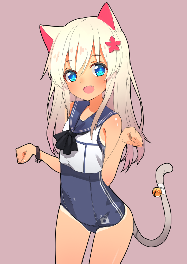 1girl animal_ears blonde_hair blue_eyes cat_ears flower hair_flower hair_ornament kantai_collection long_hair moriki paw_pose revision ro-500_(kantai_collection) school_swimsuit smile solo swimsuit tail tan wristband