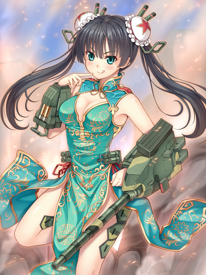 1girl :p black_hair breasts bun_cover cannon china_dress chinese_clothes cleavage cleavage_cutout double_bun green_eyes gun military military_vehicle official_art original people's_liberation_army personification rifling smile solo taiyou tank tongue tongue_out twintails type_99_tank vehicle weapon