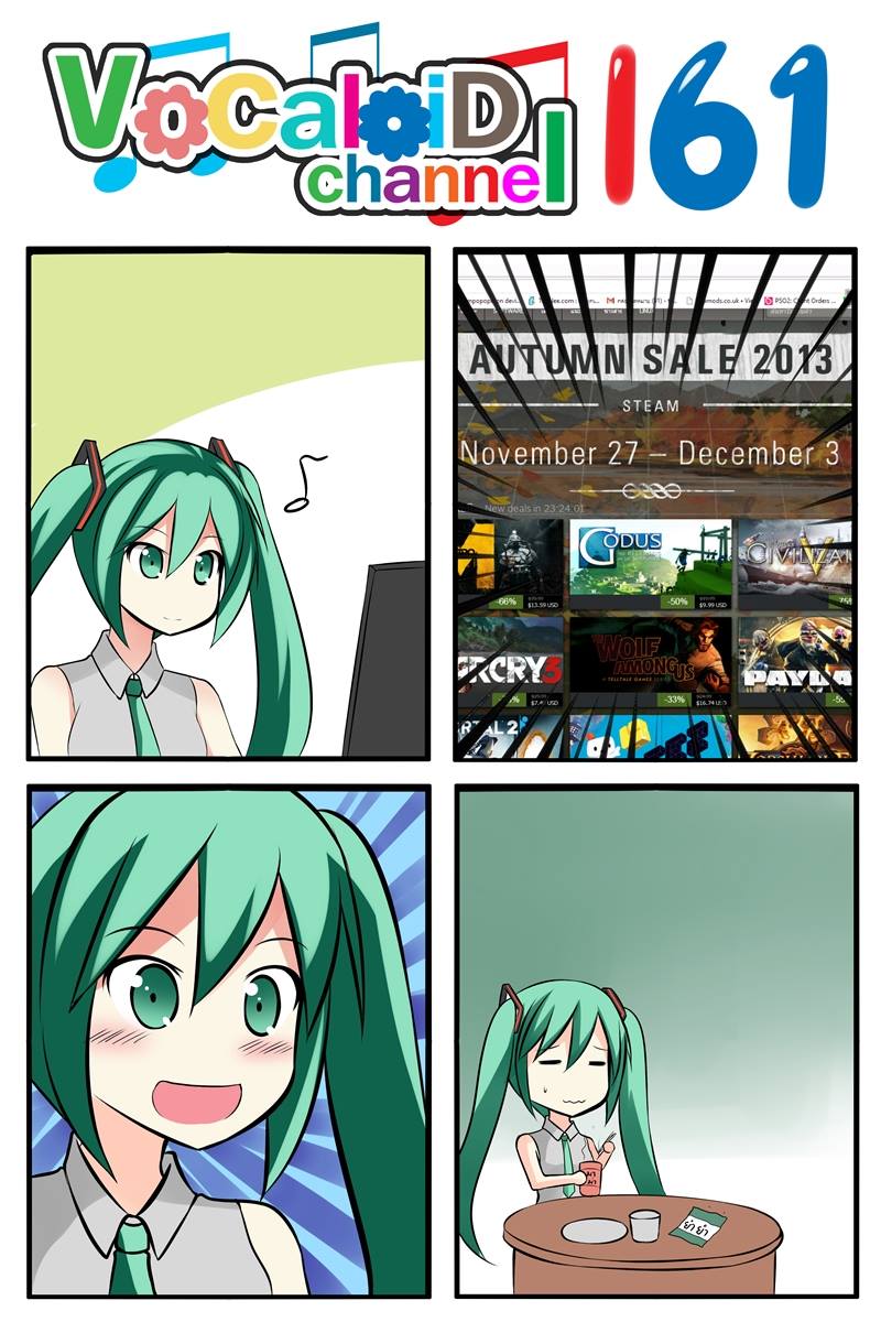 1girl 4koma :d aqua_eyes aqua_hair catstudioinc_(punepuni) collared_shirt comic commentary_request computer_screen drinking_glass emphasis_lines hatsune_miku highres left-to-right_manga musical_note necktie open_mouth plate sleeveless smile steam_(platform) thai translation_request twintails vocaloid wrapper