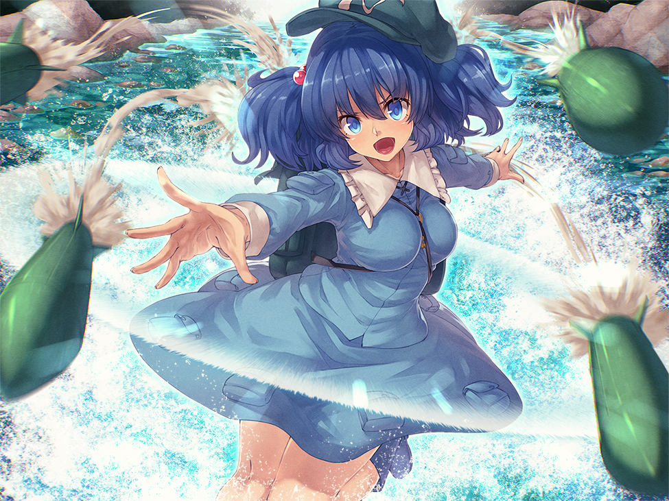 1girl backpack bag blue_eyes blue_hair breasts hair_bobbles hair_ornament hat ibuki_notsu kawashiro_nitori large_breasts long_sleeves missile open_mouth outstretched_arms shirt skirt smile solo touhou twintails water
