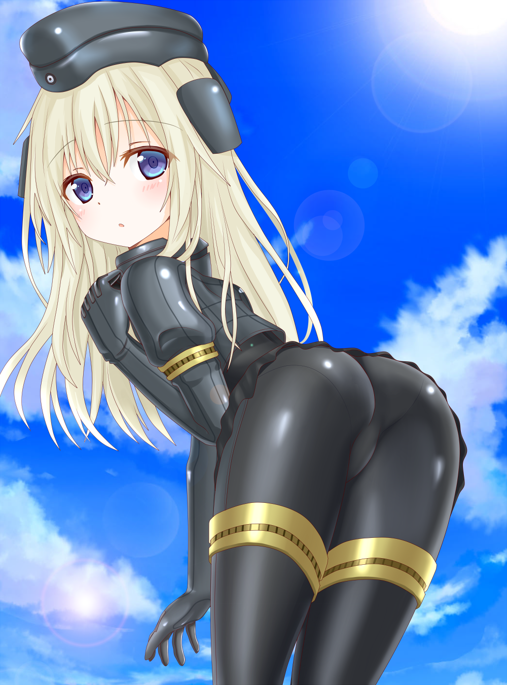 1girl ass bent_over blonde_hair blue_sky blush bodysuit clouds cropped_jacket from_behind garrison_cap hat highres kantai_collection langley1000 lens_flare long_hair long_sleeves looking_back military military_uniform puffy_long_sleeves puffy_sleeves revision sky solo u-511_(kantai_collection) uniform violet_eyes