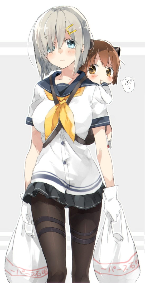 2girls bag black_legwear blue_eyes breasts brown_eyes brown_hair carrying commentary_request gloves grocery_bag hair_ornament hair_over_one_eye hairclip hamakaze_(kantai_collection) hand_in_mouth kantai_collection multiple_girls pantyhose piggyback pleated_skirt revision school_uniform serafuku shopping_bag short_hair silver_hair skirt slaughter_z thigh_strap walking white_gloves younger yukikaze_(kantai_collection)